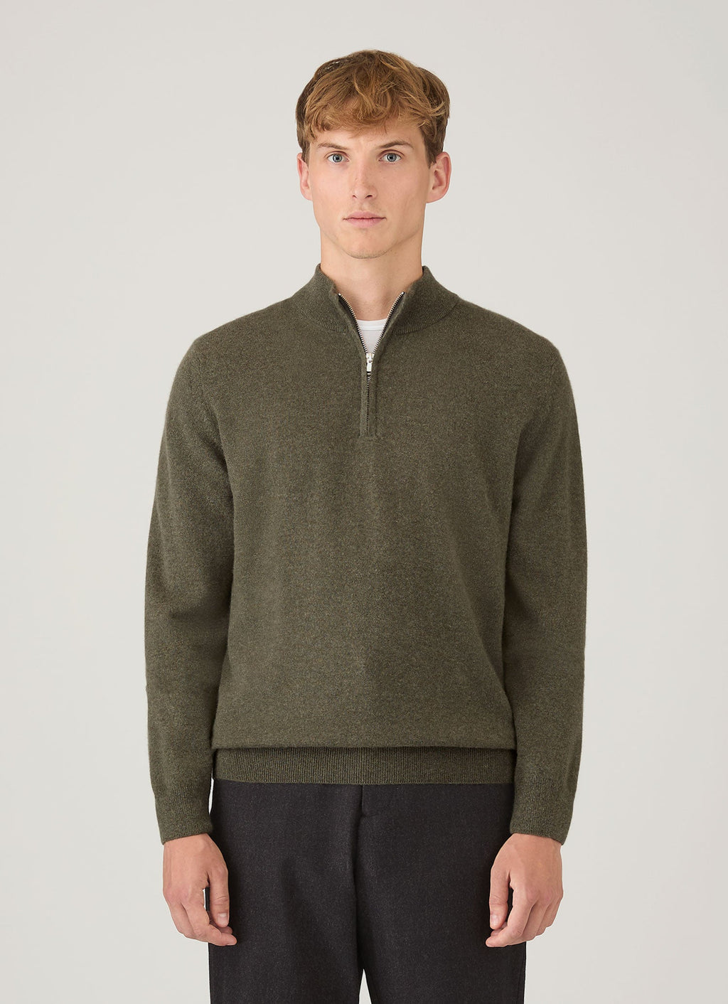Pull demi-zippé en cachemire kaki pour homme