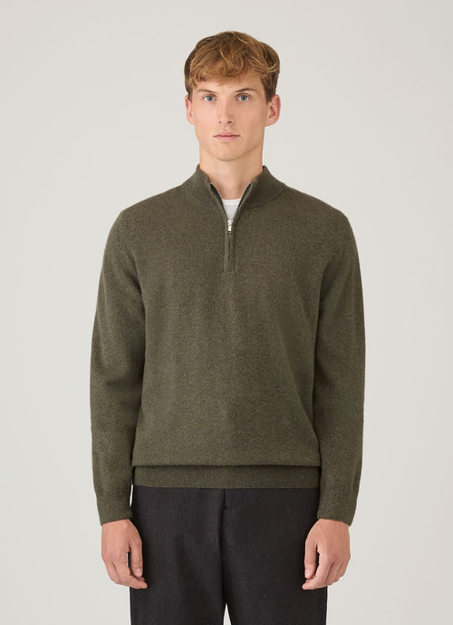 Pull demi-zippé en cachemire kaki pour homme