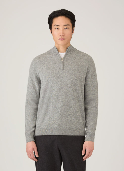 Pull en cachemire demi-zippé pour homme en gris chiné