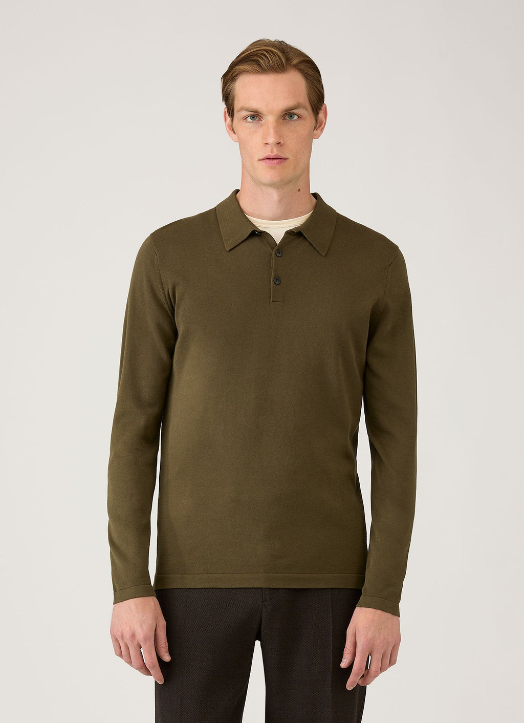 Polo à manches longues en coton Sea Island pour homme, maille vert olive profond