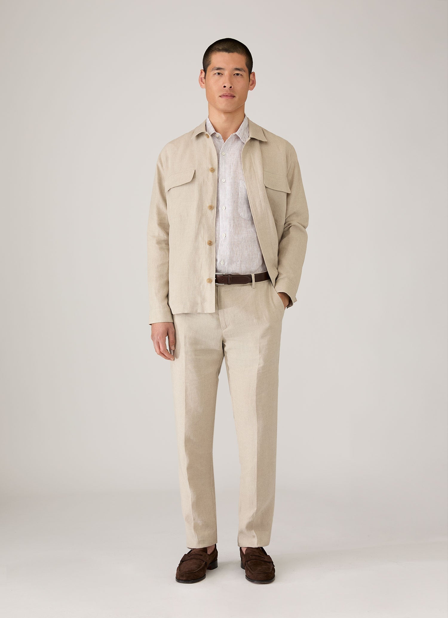 Men's Short Sleeve Linen Shirt in White/Dark Chocolate