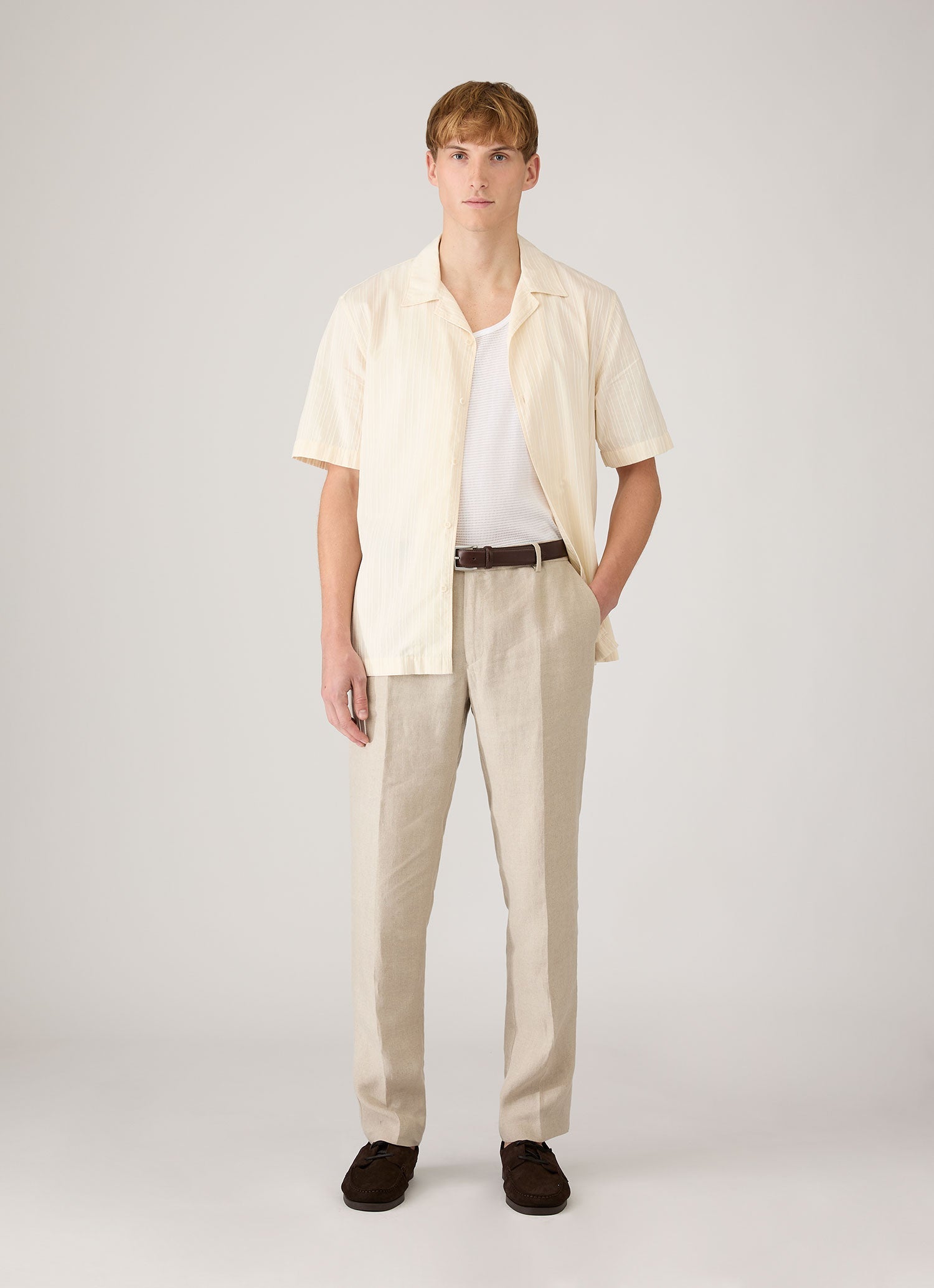 Men's Textured Stripe Camp Collar Shirt in Ecru